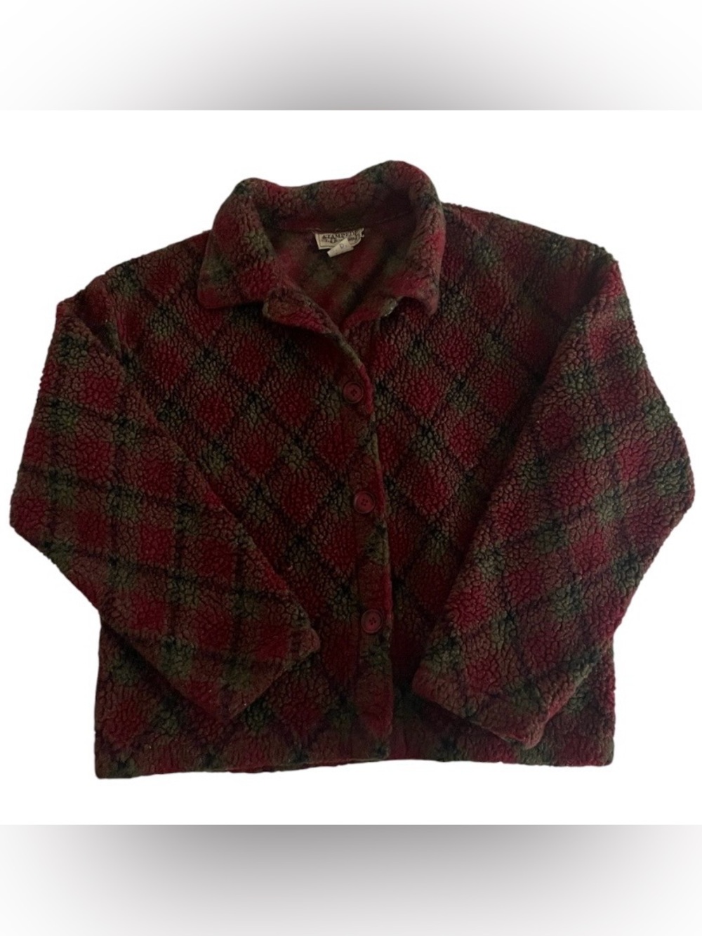 Vintage 90s Stampede Lightweight Teddy Fleece Jacket M Burgundy Plaid Button Up